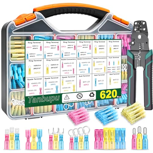 620Pcs Heat Shrink Wire Connectors Electrical Kit with Crimp Tool- Marine Boat Truck Terminals Assortment,Insulated Waterproof Crimp Ring Fork Spade Bullet Terminal - color: 620PCS, size: KIT