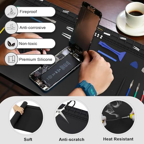 Extra Large Soldering Mat, 27.6''x15.7'' Oversized 932°F Heat Resistant Silicone Repair Mat for Electronics Phone Laptop Repair, BGA Soldering Gun Iron (Black - color: Black