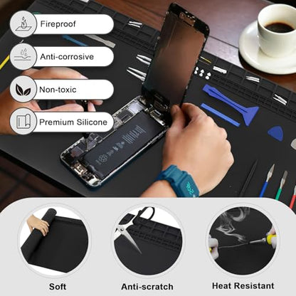Extra Large Soldering Mat, 27.6''x15.7'' Oversized 932°F Heat Resistant Silicone Repair Mat for Electronics Phone Laptop Repair, BGA Soldering Gun Iron (Black - color: Black