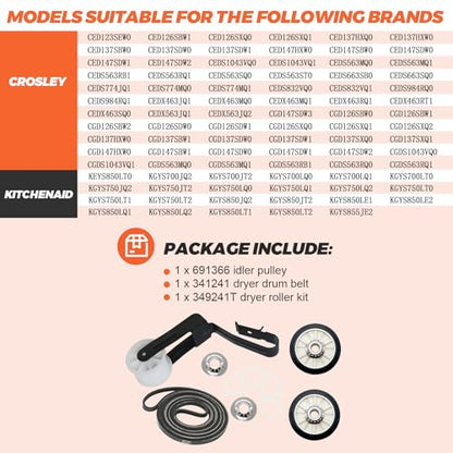 【Newest】 Upgraded 4392065 Dryer Maintenance Repair Kit by Beaquicy - Fit for Whirlpool Ken-More Crosley Admiral Amana Dryer - Package Includes 349241t Drum Roller 341241 Belt and 691366 Idler Pulley