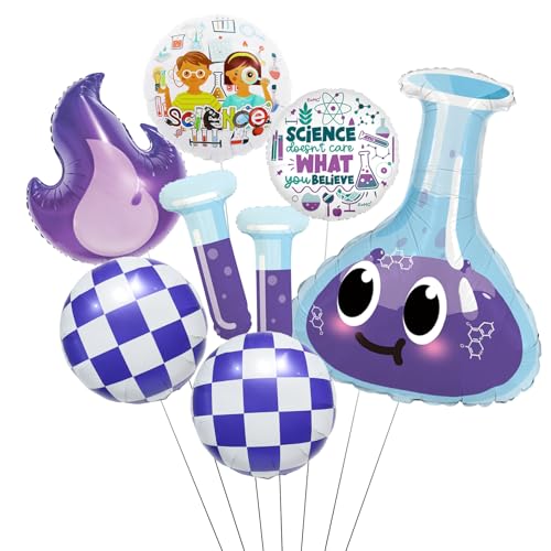 Science Party Decoration Balloons Set,Chemical Lab Birthday Decorations with Purple Flask/Flame/Test Tube/Checkered Balloons，STEM Theme Party Supplies for Kids Science Birthday & Classroom Events