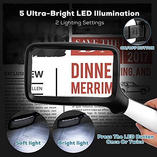 Folding Handheld Magnifying Glass with Light, 5X Large Rectangle Reading Magnifier with Dimmable LED for Seniors with Macular Degeneration, Newspaper, Books, Small Print, Lighted Gift for Low Visions - color: Black White