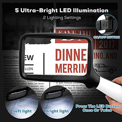 Folding Handheld Magnifying Glass with Light, 5X Large Rectangle Reading Magnifier with Dimmable LED for Seniors with Macular Degeneration, Newspaper, Books, Small Print, Lighted Gift for Low Visions - color: Black White