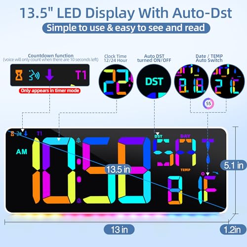 13.5"Large Digital Wall Clock Timer with Night Light 11 Colors Available - color: White Shell