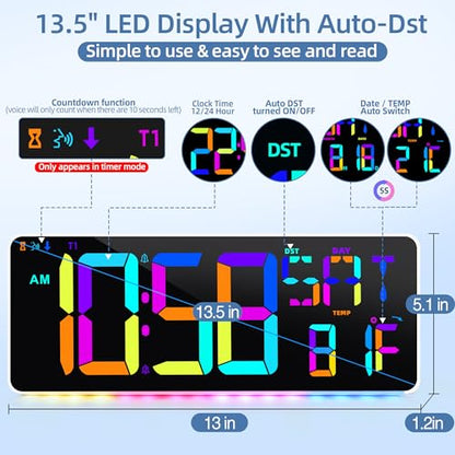 13.5"Large Digital Wall Clock Timer with Night Light 11 Colors Available - color: White Shell