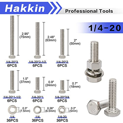 144PCS 1/4-20 Hex Bolts and Nuts Kit, Stainless Steel 1/4" Nuts and Bolts Assortment Kit, Flat & Lock Washers Set Screw Assortment Kit, Machine Screws Set - size: B. 1/4