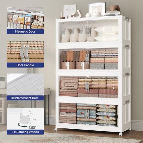 480QT Extra Large Stackable Storage Bins with Lid, 120Gal Plastic Closet Organizers and Storage Drawer, Collapsible Cabinet Box with Wheels Clear Doors for Home Kitchen Office, 3Pack White - size: 160QT