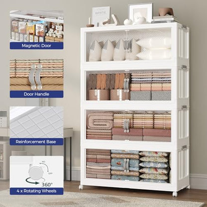 480QT Extra Large Stackable Storage Bins with Lid, 120Gal Plastic Closet Organizers and Storage Drawer, Collapsible Cabinet Box with Wheels Clear Doors for Home Kitchen Office, 3Pack White - size: 160QT