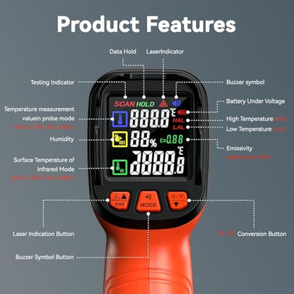 1796°F IR Infrared Thermometer Gun，16:1，with Humidity Display - color: Black Orange
