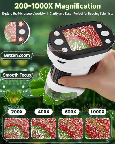 1000X Handheld Microscope for Kids, 2.0" Screen Pocket Microscope, Adjustable LED Screen Rechargeable, Toys for Christmas Birthday Gifts Toys Portable Edu Gift Age 4-6 8-12 Children Students
