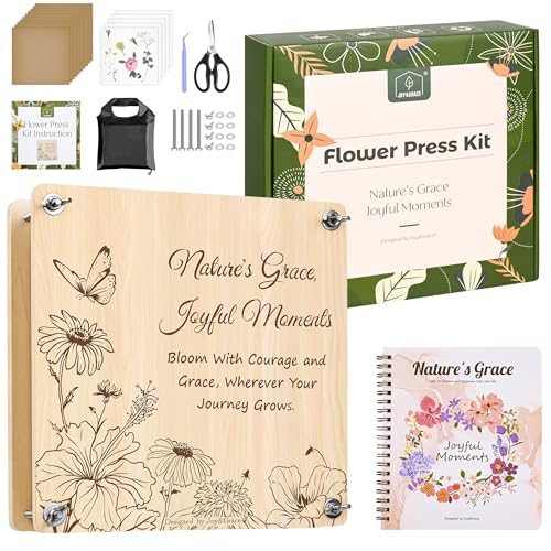 Joy&Grace Large Flower Press Kit for Adults with Designed Cover and DIY Album,10 Layers Plant Press and Plant Drying Toolkit, Flower Preservation Kit, 10.9" x 10.9" (Color Box, Natural Wood) - color: Natural Wood