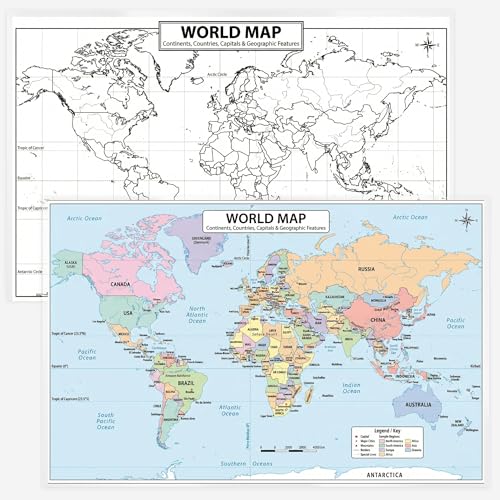 World Geography Map Set – 9-Pack Laminated 11x17 Dry Erase Study Maps | Double-Sided Classroom Learning Tools with Color Maps Front & Blank Outline Backs | Reusable Homeschool Practice, Test Prep & Memorization Aid - color: 9-Pack Bundle