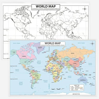 World Geography Map Set – 9-Pack Laminated 11x17 Dry Erase Study Maps | Double-Sided Classroom Learning Tools with Color Maps Front & Blank Outline Backs | Reusable Homeschool Practice, Test Prep & Memorization Aid - color: 9-Pack Bundle