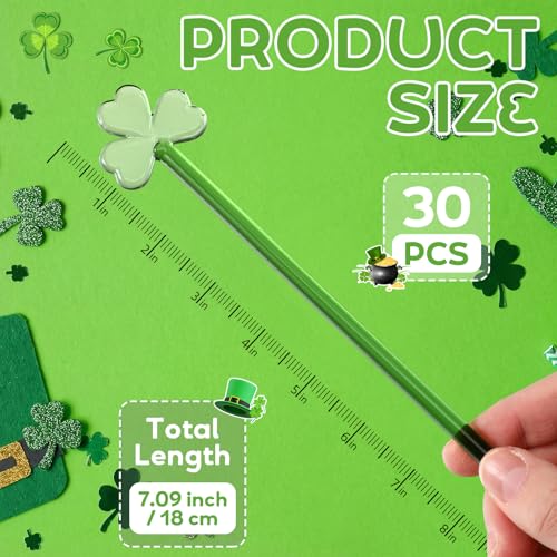 Qinyoung 12 Pcs St. Patrick's Day Glass Drink Stirrers 7 Inch Swizzle Sticks for Cocktails Coffee Reusable Green Shamrock Beverage Stir Sticks for Irish Festival Party Coffee Bar Kitchen Bar - style: Green Shamrock