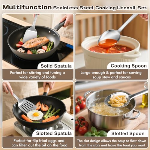 4 Pcs Cooking Utensils Set, Stainless Steel Kitchen Utensils, Heat Resistant Metal Kitchen Tools Include Solid & Slotted Turner Wok Spatula, Serving Spoon, Ergonomic Handle, Easy to Clean, Silver - color: C. 4 Pieces