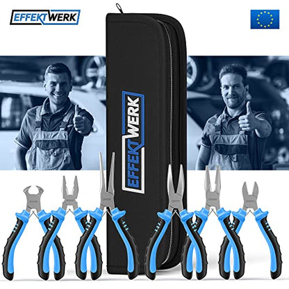 E•Werk - 6-Pc Mini Pliers Set - Linesman, Long Nose, Needle Nose, Bent Nose, Diagonal Cutting & Wire Cutters - Electrician Tool Kit w/Small Pouch - Use for Jewelry Craft & Electronic Repairs