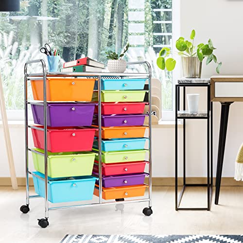 COSTWAY 15 Drawer Rolling Storage Cart, Mobile Storage Organizer - color: Multi-color, size: 15 Drawer