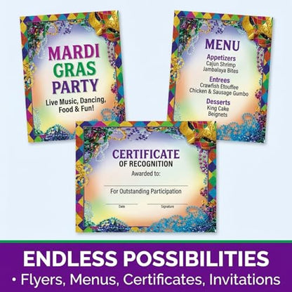 PaperDirect Bourbon Street Mardi Gras Border Paper, Multicolor Harlequin Glitter Print with Mask and Beads Design, 8.5 x 11, Acid-Free, Stationery for Party Invitations, Cards, 25 Sheets - color: Bourbon Street