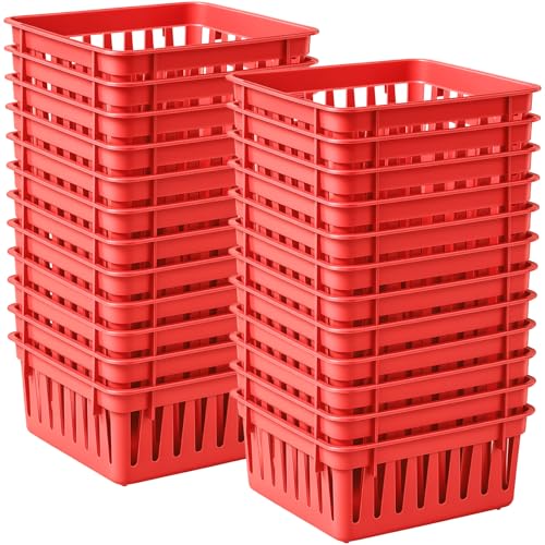 24 Pack Small Classroom Storage Baskets for Classroom Organizing, 5.3 inch Square Plastic Bins for Teacher Supplies, Desktop Trays for School, Office, and Home Kitchen (Red) - color: Red