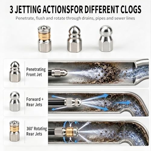 Sewer Jetter Nozzle Kit, 3 Pcs Stainless Steel Rotating Button Nose