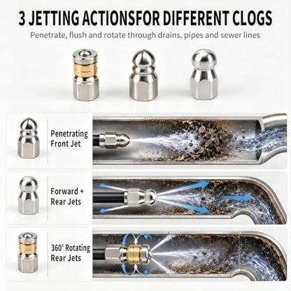 Sewer Jetter Nozzle Kit, 3 Pcs Stainless Steel Rotating Button Nose