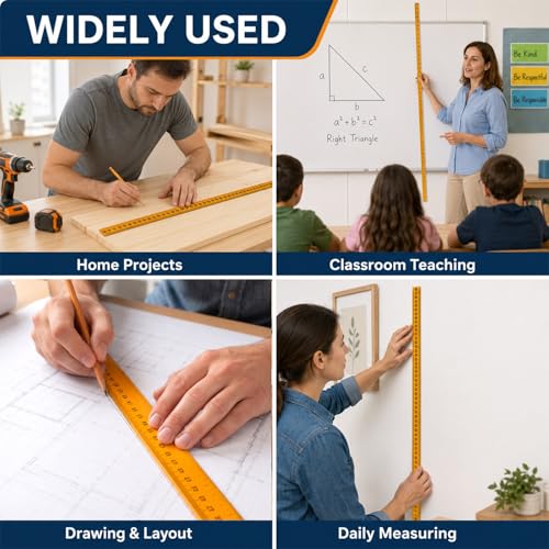 3Pcs 48 inch Yard Stick Wooden Ruler Yard Sticks Yellow Metric Ruler Straight Edge with Smooth Edges Rulers Bulk Double Sided Meter Sticks for Classroom Sewing Home Office Tailor Craft