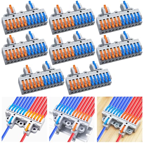 CESFONJER 2-in-12-out Terminal Block Kit (8 Sets), High Density Lever Wire Connectors, Dual Input to Twelve Output, DIN Rail & Screw Fix, for 28-12AWG Wire - color: set1