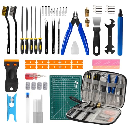 67Pcs 3D Printer Tools Kit 3D Printing Accessories for All FDM/SLA Printers Includes Deburring Tool, Nozzle Cleaning, Removal Scrapers, Finishing Tools, Metal Files, Wire Cutter, A5 Cutting Pad, etc