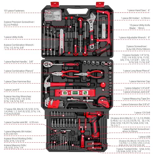 Drill Tool Set：Tool Kit with 12V Power Cordless Drill Hand Repair Tools Box with Drill, Home Tool Kits for Men & Women, Hand Drill Set Perfect for Homeowner, Diyer, Handyman - Red - color: Red