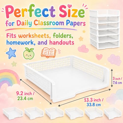 6 Pcs White Turn in Trays Classroom, Stackable Paper Bins for Classroom, 13x9x2.8 inch Plastic Baskets Desktop Organization System Office (White) - color: White
