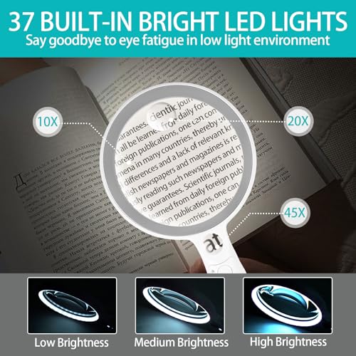 Large Magnifying Glass with 37 LED Light, 10X 20X 45X Handheld Illuminated - color: Grey & White, size: Magnifier with Light (No Case)