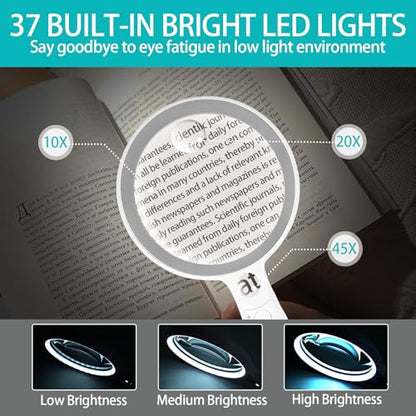 Large Magnifying Glass with 37 LED Light, 10X 20X 45X Handheld Illuminated - color: Grey & White, size: Magnifier with Light (No Case)