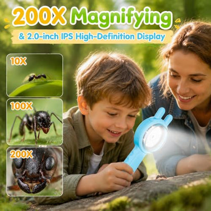 Kids Microscope Autofocus Magnifier STEM Gifts Toys for Ages 4-12 - color: Blue-rabbit ear