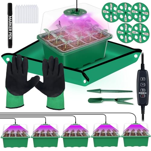 5-Pack Seed Starter Tray with Grow Light (Value Pack), 60 Cells, Friendly Seed Starter Kit for Beginners, Adjustable Brightness & Timing, Easy-to-Use Gardening Set for Seeds Germination