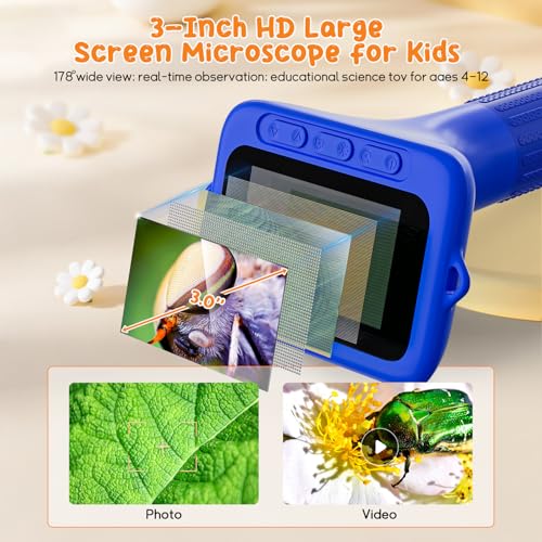 SKYBASIC Digital Microscope for Kids, 3" Screen 1000X Handheld Microscope HD Pocket Portable Microscopes Camera, Science Edu Fun Toys for Ages 4-12 Children Students Boys Girls -Blue - color: 3"-Blue