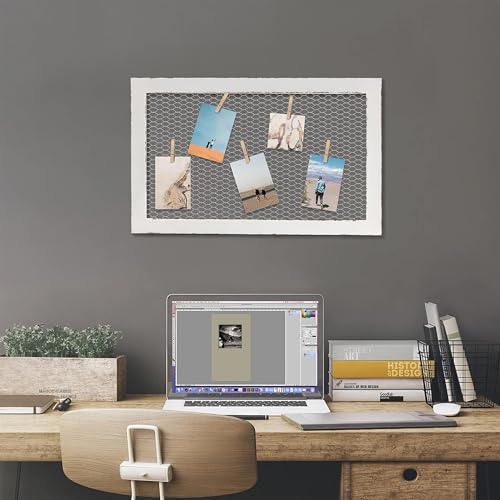 SOFE Chicken Wire White Framed Bulletin Boards, 18×29" Wood Grid Shelf - color: White