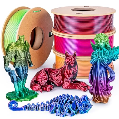 Silk Rainbow PLA Filament 1.75mm Bundle, Shiny Fast Color Changing Gradient 3D Printer Filament 4-Pack (250g/Spool, 1kg Total), High Gloss & Smooth Finish for Articulated Dragon Toys, 3D Art Crafts - color: Candy+forest+universe+red Blue Green+black Red 4