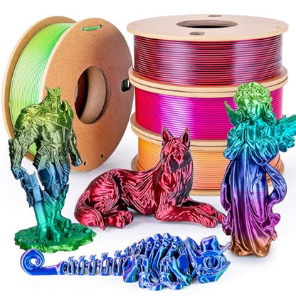 Silk Rainbow PLA Filament 1.75mm Bundle, Shiny Fast Color Changing Gradient 3D Printer Filament 4-Pack (250g/Spool, 1kg Total), High Gloss & Smooth Finish for Articulated Dragon Toys, 3D Art Crafts - color: Candy+forest+universe+red Blue Green+black Red 4