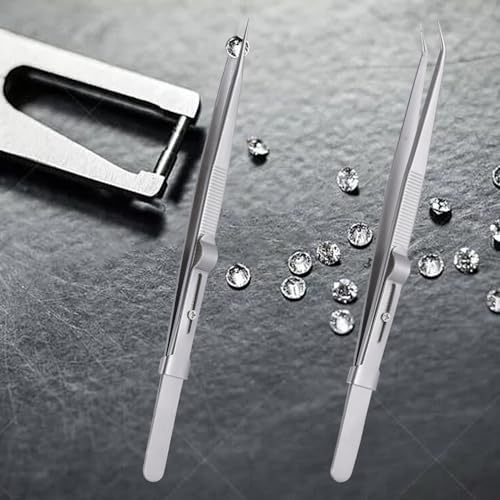 4 Pieces Diamond Tweezers Professional Jewelry Gem Tweezers Precision Tweezers Stainless Steel Pointed Tip Tweezers with Slide Locking and Gem Slot for jewelry making