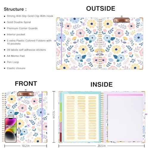 Ospelelf Clipboard with Storage 8.5 X 11，Padfolio Organizer, Spiral Portfolio Letter Size with Notepad, Pen Holder, 5 Extra Folder Divider Pages, Elastic Closure Nurse Office Essentials Daisy - color: Daisy