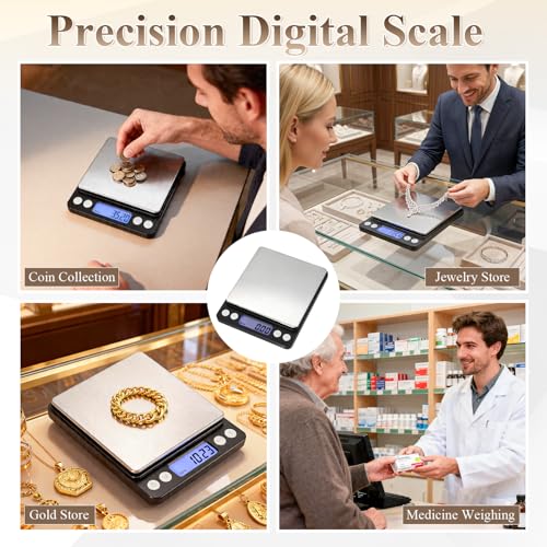 Digital Jewelry Scale, 500g x 0.01g High Precision Gold Scale, Portable Gram Scale with LCD Display, Tare Function, PCS Counting, Professional Small Scale for Jewelers Collectors Pawn Shops