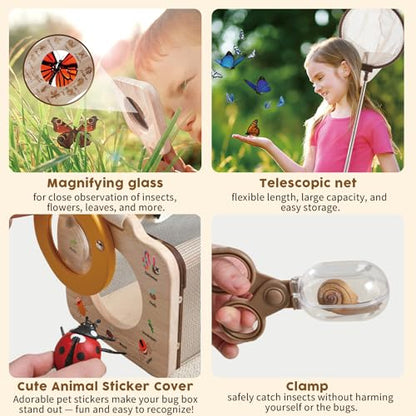 Wooden Insect Observation Kit for Kids,10Pcs Outdoor Nature Explorer Set, Insect Habitat Cage,Butterfly Net,Magnifying Glass,Compass STEM Education Toy, Birthday Backyard Gift for 3+ Boys & Girls