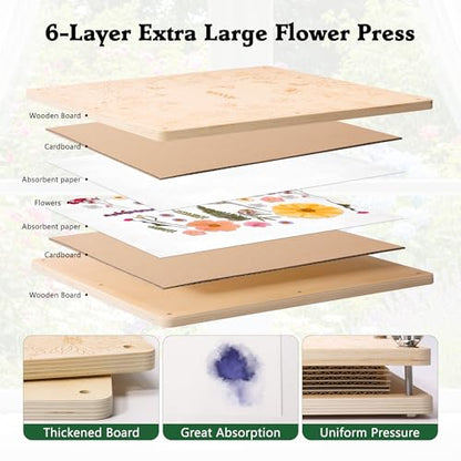 Aboofx Extra Large Flower Press Kit for Adults, 15"x 15" 6 Layers Wooden Flowers Pressing for DIY Easter Theme Pressed Flowers Art, Big Flower Preservation Kit for Frame Bookmark Resin Craft Projects - size: 15"x 15" 6 Layers