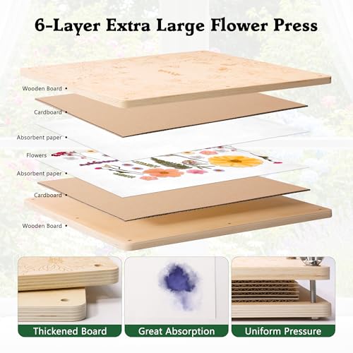 Aboofx Extra Large Flower Press Kit for Adults, 15"x 15" 6 Layers Wooden Flowers Pressing for DIY Easter Theme Pressed Flowers Art, Big Flower Preservation Kit for Frame Bookmark Resin Craft Projects - size: 15"x 15" 6 Layers