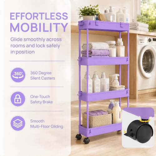 SPACELEAD Slim Storage Cart 3 Tier,Bathroom Organizer Rolling Utility,Mobile Shelving Unit Slide Out for Office, Kitchen, Laundry Room & Narrow Places,Purple - color: Purple