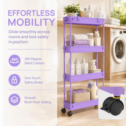 SPACELEAD Slim Storage Cart 3 Tier,Bathroom Organizer Rolling Utility,Mobile Shelving Unit Slide Out for Office, Kitchen, Laundry Room & Narrow Places,Purple - color: Purple