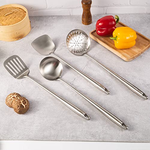 17″ Wok Utensils - Wok Spatula and Ladle, Skimmer Spoon, Slotted Spatula - color: 4-Pieces