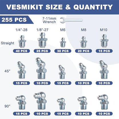 255PCS Grease Fittings Assortment,SAE & Metric Grease Zerk Fittings