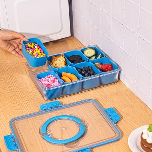 Patent Design Ribbed Snackle Box Container Divided Serving Tray with Lid and Handle -Charcuterie Container Portable Storage Organizer for Candy, Fruit, Beach, Picnics（1 pcs, Cerulean） - color: Cerulean