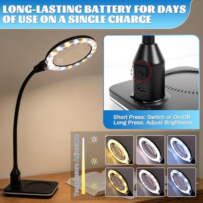 Rechargeable Magnifying Glass with Light and Stand, 15X 30X